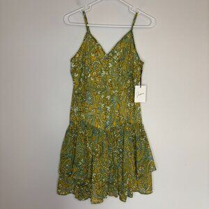 JAPNA New Mini Dress Womens M Green Gold Tiered Ruffle Spaghetti Strap V-Neck